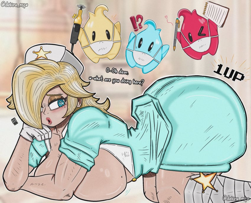 big_ass big_breasts big_thighs blonde_female blonde_hair cyan_clothing cyan_eyes dekiru_nsfw doggy_style gloves incoming_sex luma nintendo nurse nurse_clothing nurse_uniform princess_rosalina super_mario_bros.