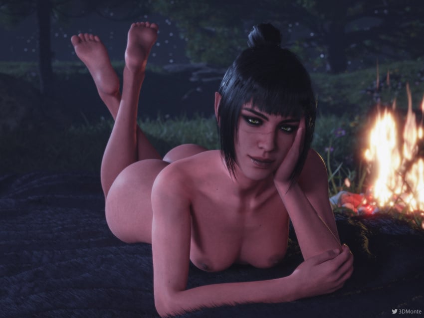 3d 3dmonte baldur's_gate_3 black_hair breasts elf_ears feet_up female_focus laying_down laying_on_stomach looking_at_viewer naked night nipples nude_female outdoors shadowheart soles solo_female