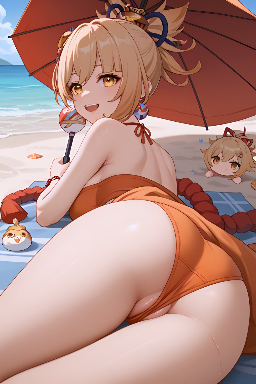 1girls ai_generated arm_tattoo bangs big_ass big_breasts big_butt bikini blonde_female blonde_hair blonde_hair genshin_impact hair_ornament high_resolution highres hoyoverse jasse puffy_pussy pussy tagme yoimiya_(genshin_impact)