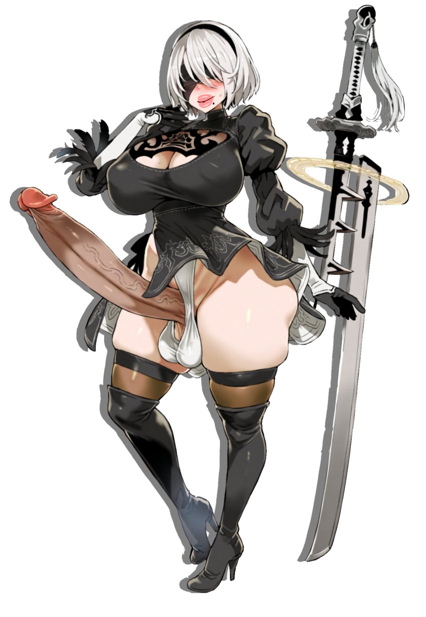 2b ai_assisted big_breasts big_hips big_lips big_penis black_dress futanari high_heels nier:_automata short_hair sultrybunny thigh_high_boots thigh_high_stockings transparent_background white_hair