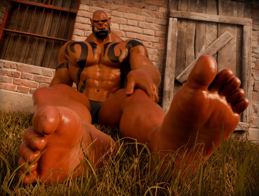 3d dark-skinned_male dark_skin feet foot_fetish garrosh_hellscream male orc orc_male outdoors outside sitting solo solo_male