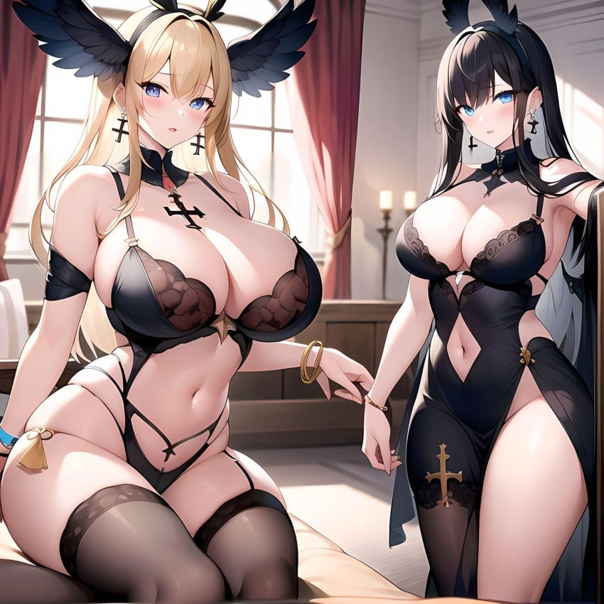 2girls ai_generated angel angel_girl angel_wings barely_clothed belly_button big_breasts black_hair blonde_female blonde_hair blonde_hair blue_eyes blush bra bracelet bracelets breasts breasts_bigger_than_head breasts_out candle candles clothed clothing cross cross_earrings cross_necklace curtain curtains curvaceous curves curvy curvy_body curvy_female curvy_figure curvy_hips ear_piercing earrings earrrings hair holy huge_breasts jewelry large_breasts lingerie long_hair open_mouth pale_skin religion religious_clothing shocked shocked_expression sitting standing stockings thee_voiid thighhighs thighs underwear voluptuous voluptuous_female window wings wings_on_head