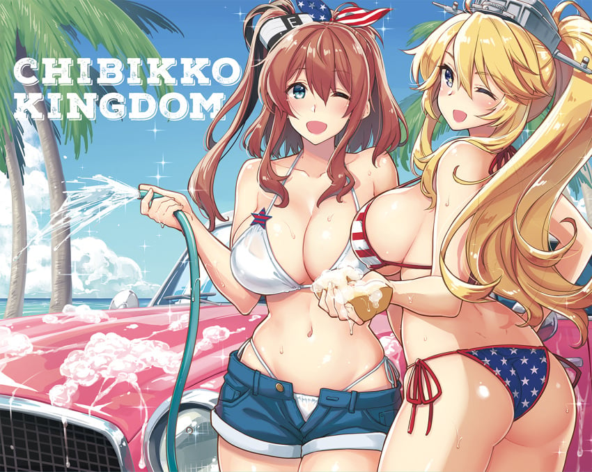 2girls american_flag_bikini ass big_ass big_breasts bikini bikini_bottom bikini_car_wash bikini_top blonde_hair blue_eyes blush breasts car car_wash hair_ornament iowa_(kantai_collection) kantai_collection kekocha long_hair looking_at_viewer ponytail red_hair saratoga_(kantai_collection) shorts voluptuous white_bikini wink