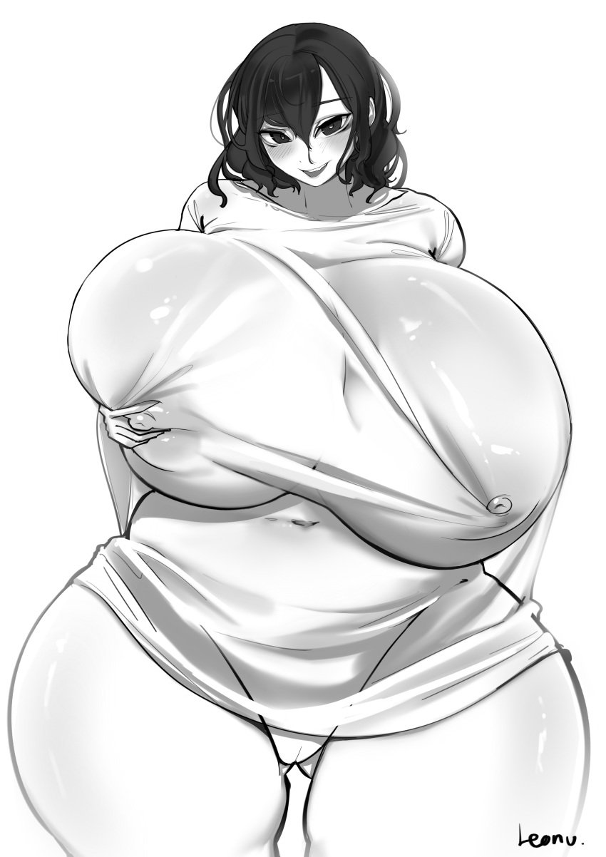 bbw bottomless chubby chubby_female dot_nose gigantic_breasts greyscale hair_between_eyes leonu long_hair milf monochrome nipples_visible_through_clothing no_panties open_mouth original original_character pussy signature sketch smile t-shirt thick_thighs venus_body white_t-shirt wide_hips