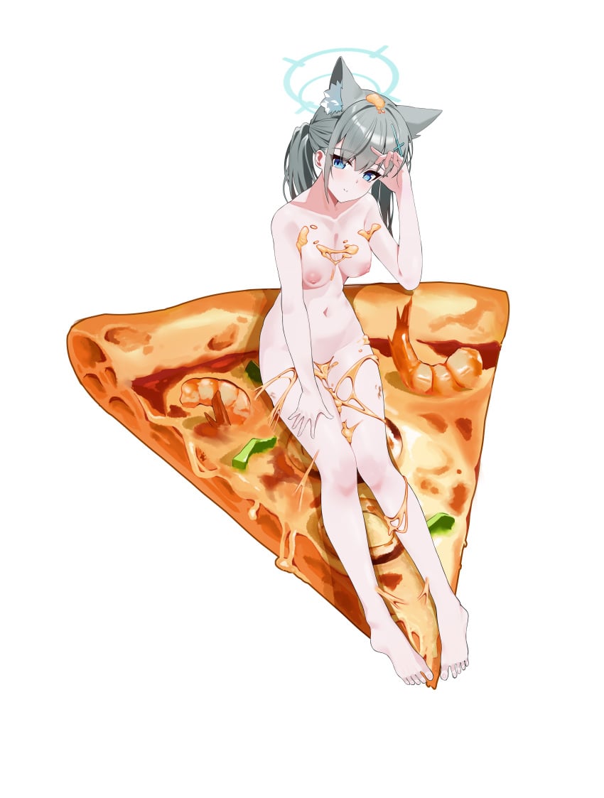 absurdres animal_ear_fluff animal_ears bare_legs barefoot blue_archive blue_eyes blue_halo blush breasts closed_mouth cross cross_hair_ornament extra_ears female food full_body gang_shi_shao_e_fan grey_hair hair_ornament halo hand_up highres inverted_cross looking_at_viewer medium_breasts mismatched_pupils pizza shiroko_(blue_archive) short_hair shrimp simple_background sitting_on_food smile solo thighs toes white_background wolf_ears wolf_girl