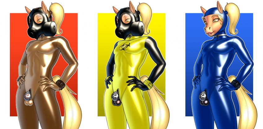 2024 anthro balls biohazard_symbol black_latex blonde_hair blue_clothing blue_latex blue_skinsuit brown_body brown_fur buffbumblebee chastity_cage chastity_device chrissy_(buffbumblebee) clothing collar cuff_(restraint) equid equine femboy fur gas_mask genitals hair hazard_symbol hi_res horse latex latex_clothing latex_skinsuit lipstick makeup male mammal mask multicolored_clothing multicolored_skinsuit pink_lipstick restraints skinsuit solo symbol tail tight_clothing translucent translucent_latex translucent_skinsuit two_tone_clothing two_tone_skinsuit wearing_mask wrist_cuffs yellow_eyes yellow_latex yellow_tail