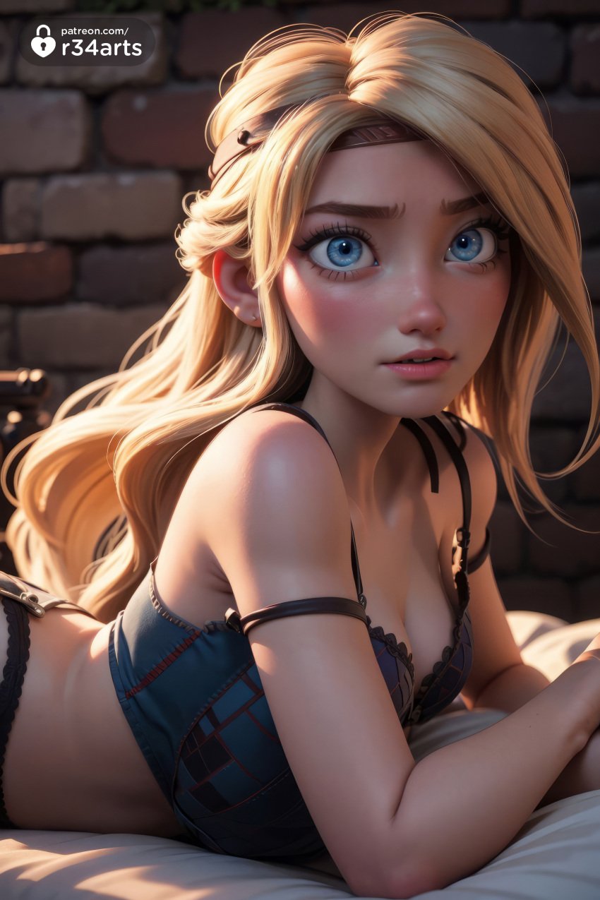 1girls ai_generated artist_name astrid_hofferson bare_shoulders blonde_hair blue_bra blue_eyes blush bra breasts brick_wall cleavage dreamworks earrings eyelashes freckles hi_res how_to_train_your_dragon jewelry lips long_hair looking_at_viewer lying medium_breasts on_stomach panties parted_lips r34arts solo strap_slip underwear underwear_only