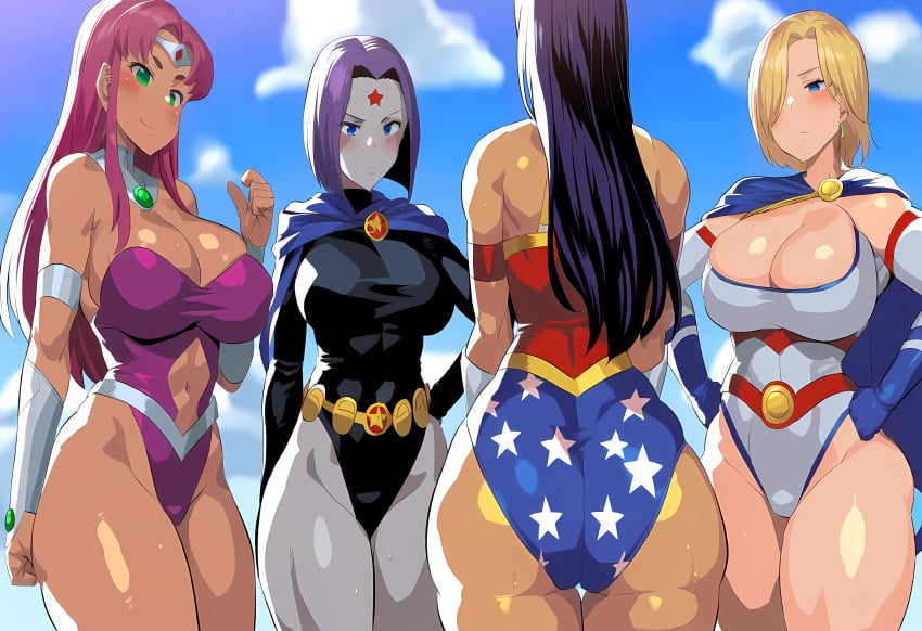 4girls ai_generated alien alien_girl ass back_view big_breasts day dc dc_comics female_focus female_only koriand'r kryptonian large_breasts leotard mullon multiple_girls novelai power_girl rachel_roth raven_(dc) starfire superheroine superman_(series) tamaranean teen_titans thick_thighs wonder_woman wonder_woman_(series)