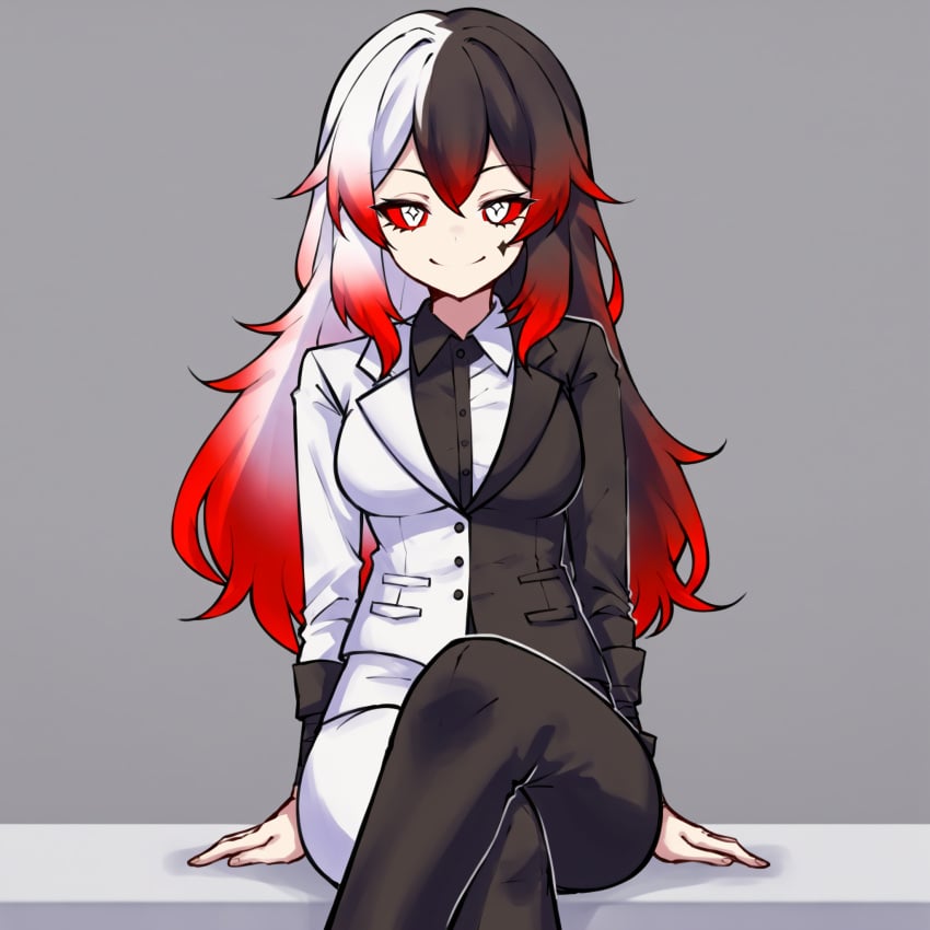 1girls ai_generated aris_lex black_hair black_suit crossed_legs gradient_hair highres long_hair looking_at_viewer medium_breasts multicolored_clothing oc_(osmondai) original original_character osmondai red_hair red_sclera sitting smile solo split-color_clothes split-color_hair stable_diffusion tattoo tattoo_on_face three_tone_hair white_eyes white_hair white_suit wide_hips