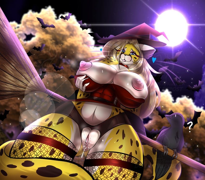 ? anthro anthro_only anthro_solo areolae bats big_breasts black_spots breasts breasts_bigger_than_head broom broom_riding broomstick cheetah cloud costume crow female female_focus female_only fur furry halloween halloween_theme humanoid_genitalia humanoid_pussy large_breasts looking_at_viewer moon moonlight night night_sky nipples nipples_outside orchid_oropelt pussy question_mark revealing_clothes solo_female spots spotted_body spotted_fur tagme the_firetoast_(artist) three-quarter_portrait wet_pussy white_fur witch_costume witch_hat yellow_body yellow_fur