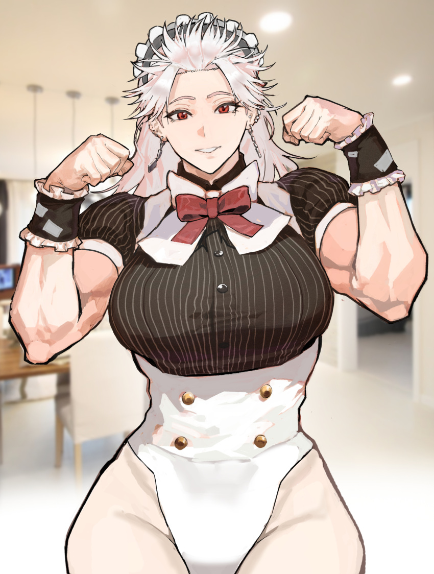 big_breasts big_breasts big_breasts breasts breasts breasts clothed clothes clothing dorohedoro earrings hips leotard long_hair long_hair_female maid maid_outfit maid_uniform muscular muscular_female noi_(dorohedoro) ongjolpark red_hair thick_hips tie white_hair white_hair_female wide_hips