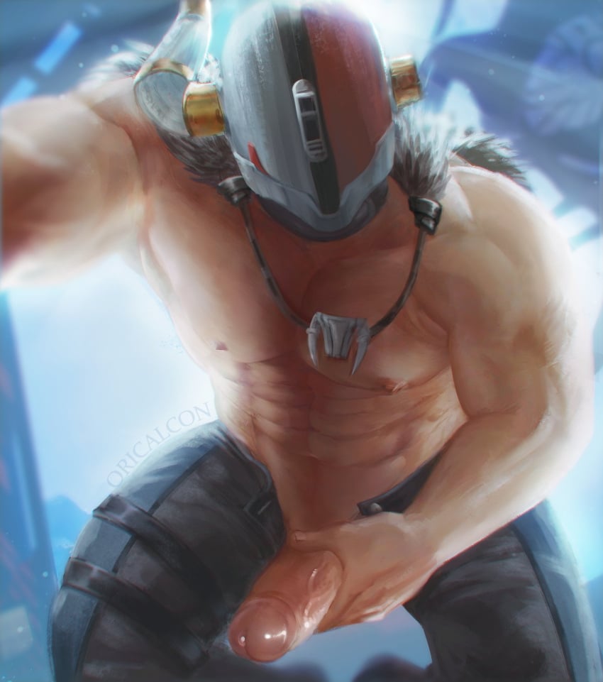 1boy abs arm_support artist_name asymmetrical_horns bara belt black_belt black_pants blurry blurry_background broken_horn commentary destiny_(game) english_commentary erection girthy_penis helmet highres horns jewelry light_particles light_rays lord_shaxx male_focus male_only multiple_belts navel necklace nipples open_pants oricalcon outstretched_arm pants pectorals penis solo sunbeam sunlight thigh_belt thigh_strap topless_male veins veiny_penis