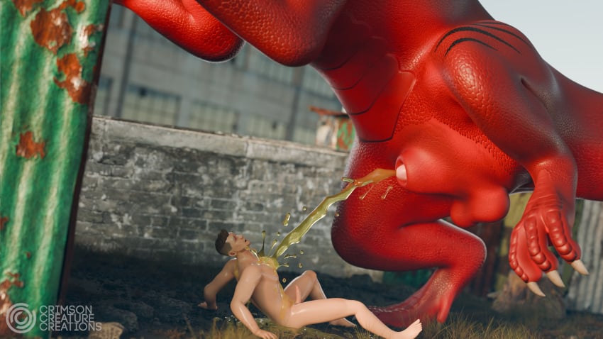 16:9 3d 4k absurd_res bodily_fluids chase_(crimsoncreaturecreations) crimson_(crimsoncreaturecreations) crimsoncreaturecreations digital_media_(artwork) dragon duo european_mythology feral genital_fluids hi_res human interspecies male male/male mammal mythological_creature mythological_scalie mythology outside peeing public scalie size_difference urine watersports western_dragon widescreen wingless_dragon