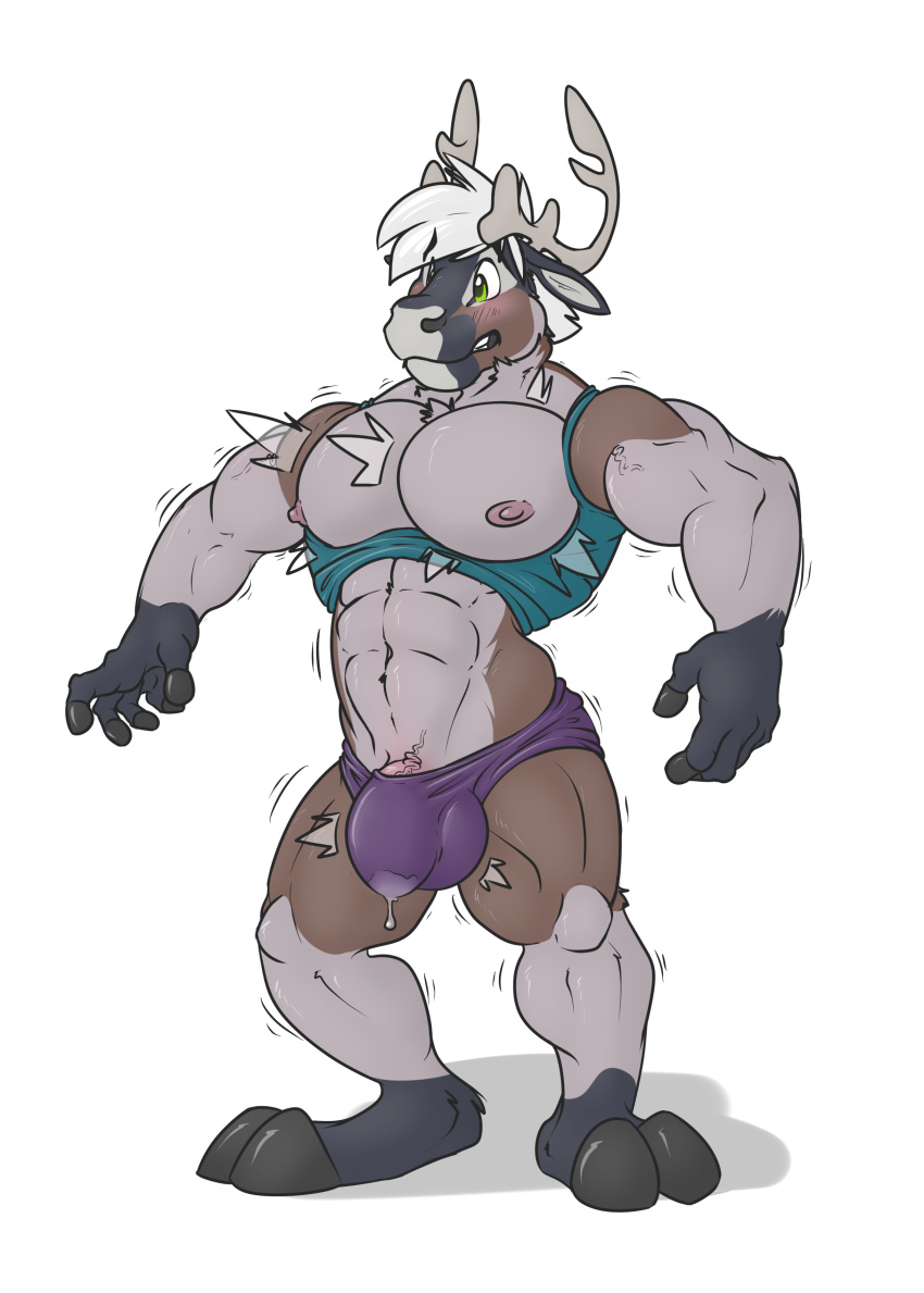 2016 abs absurd_res anthro antlers areola biceps big_biceps big_muscles big_pecs blush body_hair brown_skin bulge cervine chest_hair chest_tuft clothing cum cum_drip digital_media_(artwork) dripping erect_nipples eyebrows full-length_portrait green_eyes grey_horn grey_skin growth hair hi_res hooves horn huge_muscles male male_only mammal mnty mnty_(character) multicolored_skin muscle_growth muscular muscular_arms muscular_legs navel nipples open_mouth pecs penis penis_outline pink_nipples pink_penis pink_tongue portrait pose purple_bottomwear reindeer shirt simple_background snout solo standing tank_top teeth thick_thighs tight_clothing tongue torn_clothing transformation tuft vein veiny_muscles veiny_penis white_hair white_skin