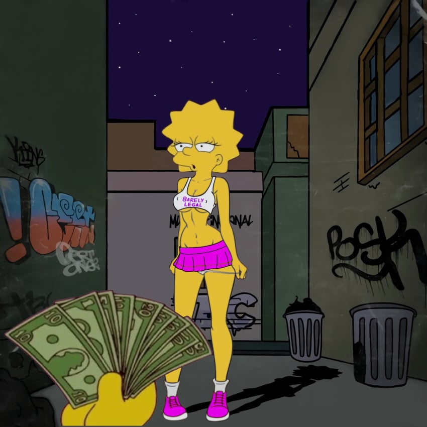 alley bitch croc_(artist) dark_alley female graffiti graffiti_on_wall lisa_simpson money money_in_hand offering_money panties panties_down prostitute prostitution slut the_simpsons waiting_for_sex whore yellow_body yellow_hair yellow_skin young younger_female