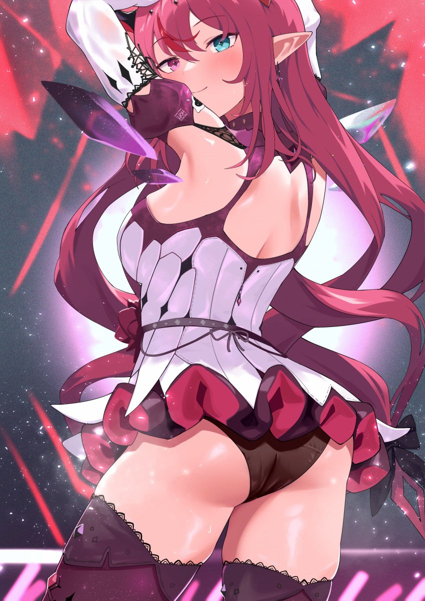 absurdres arm_up ass black_panties blue_eyes blush breasts closed_mouth commentary crystal_wings detached_wings dress english_commentary female from_behind heterochromia highres hololive hololive_english irys_(hololive) irys_(irys_2.0)_(hololive) light_particles long_hair looking_at_viewer looking_back medium_breasts microdress panties pointy_ears red_eyes red_hair shift_(shiftillust) smile solo thighhighs thighs underwear virtual_youtuber wings