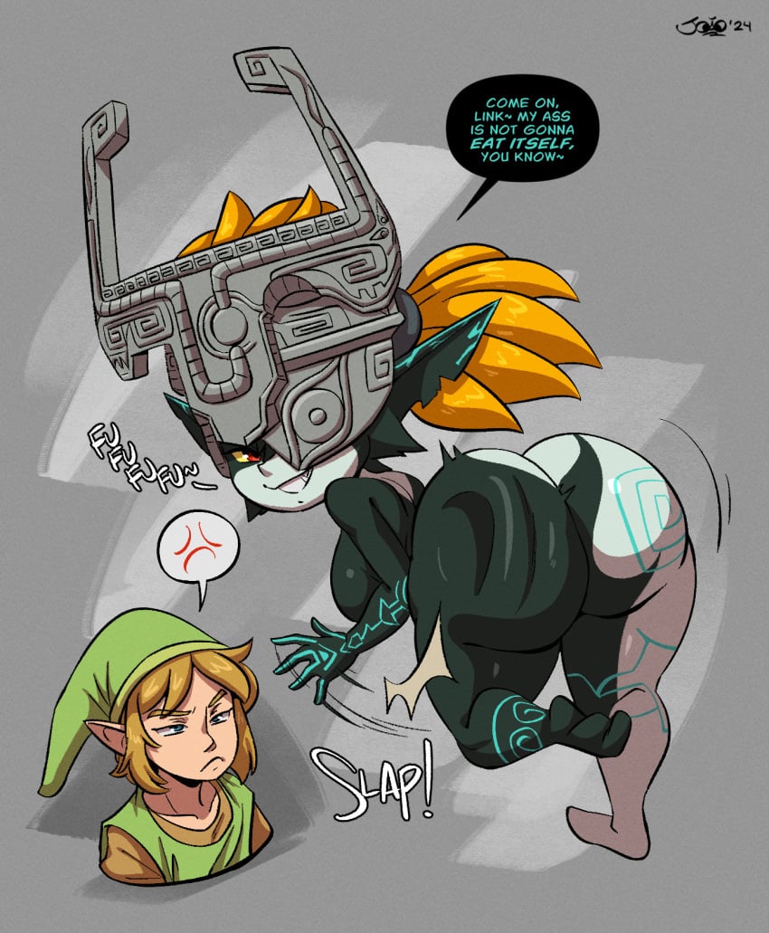 1boy 1girls anger_vein annoyed annoyed_expression ass ass_slap big_ass bottom_heavy breasts bubble_butt dat_ass dialogue fat_ass female female_focus floating huge_ass imp_midna joaoppereiraus large_ass link male midna orange_hair slapping_ass slapping_own_ass smile text the_legend_of_zelda thick_ass thick_thighs twilight_princess wide_hips