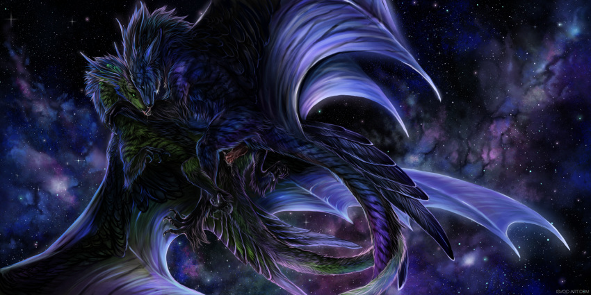 blue_fur dragon duo female feral feral_on_feral flying fur furred_dragon green_fur isvoc male membranous_wings night penetration penis pussy sky star starry_sky straight vaginal_penetration wings