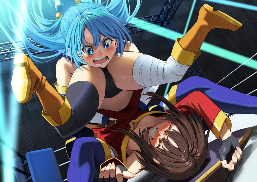 2girls aqua_(konosuba) blush cameltoe catfight female female_only izawa_(bhive003) kineluchs kono_subarashii_sekai_ni_shukufuku_wo! megumin multiple_girls spread_legs submission submission_hold submissive_female thighs wrestling wrestling_femdom wrestling_ring wrestlingryona yuri