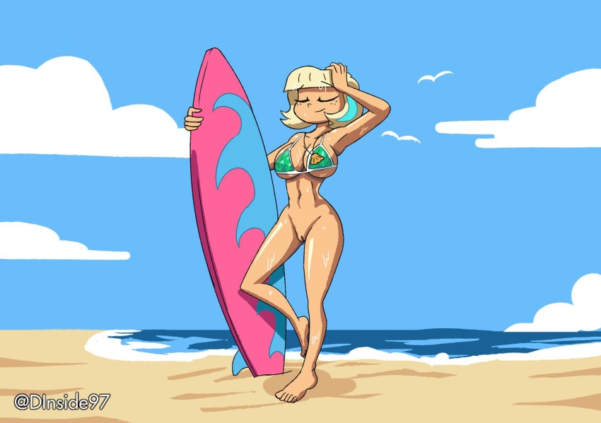 athletic_female beach bikini_top bottomless bottomless_female breasts deadinside97 flexing jackie_lynn_thomas manic47 pussy shaved_pussy star_vs_the_forces_of_evil surfboard water wet