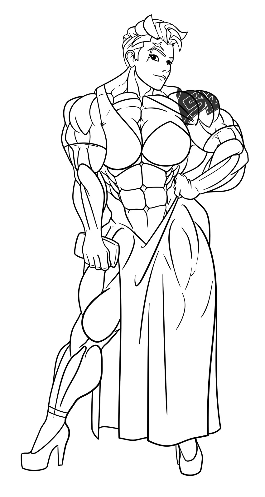 1girls 2d abs big_muscles blizzard_entertainment breasts dress elbow_gloves extreme_muscles female female_only gloves high_heels line_art monochrome muscles muscular_female overwatch rssam000 scar solo tattoos zarya