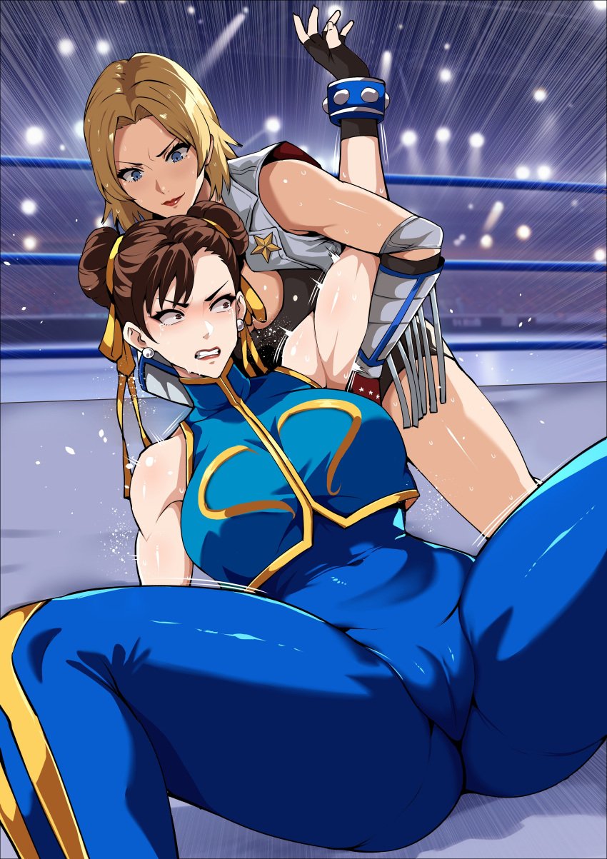 2girls arm_bar armpits blonde_female blonde_hair cameltoe catfight chun-li chun-li_(fortnite) crossover dead_or_alive dominant_female femdom grabbing_from_behind kineluchs ryona sportswear street_fighter submission submission_hold submissive_female tina_armstrong wrestling wrestling_ring wrestlingryona