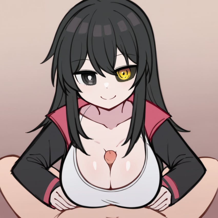 1boy 1girls ai_generated black_coat black_eyes black_hair black_sclera cleavage clothed_paizuri drew_henderson duo heterochromia highres innocent large_breasts light_skin long_hair looking_at_viewer male_pov oc_(osmondai) original original_character osmondai paizuri penis pov simple_background smile stable_diffusion straight straight tank_top titjob white_shirt yellow_eyes