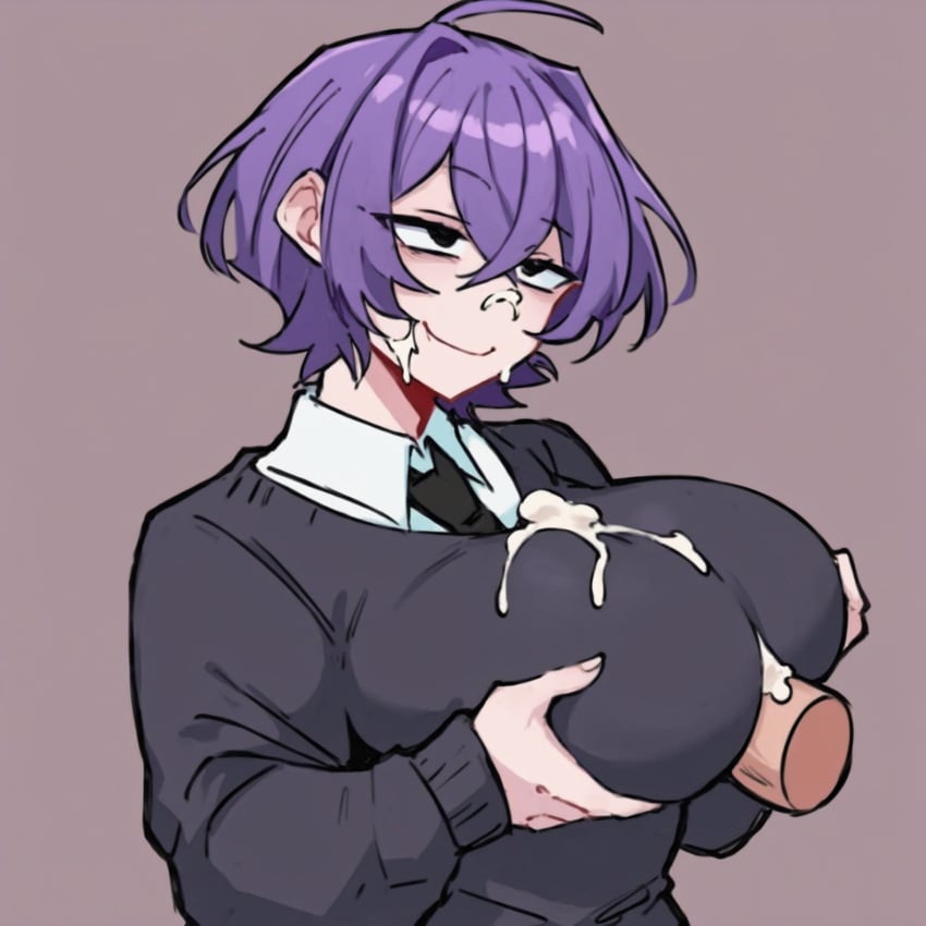 1boy 1girls abnormality_dancin'_girl ai_generated alternate_breast_size black_cardigan black_eyes black_tie cardigan clothed_female clothed_paizuri clothed_sex clothed_titfuck cum cum_in_breasts cum_on_breasts cum_on_clothes cum_on_face disembodied_penis duo facial guchiri highres huge_breasts large_breasts mene_tame mv_character osmondai paizuri purple_hair short_hair simple_background smile smug stable_diffusion straight straight tie titjob