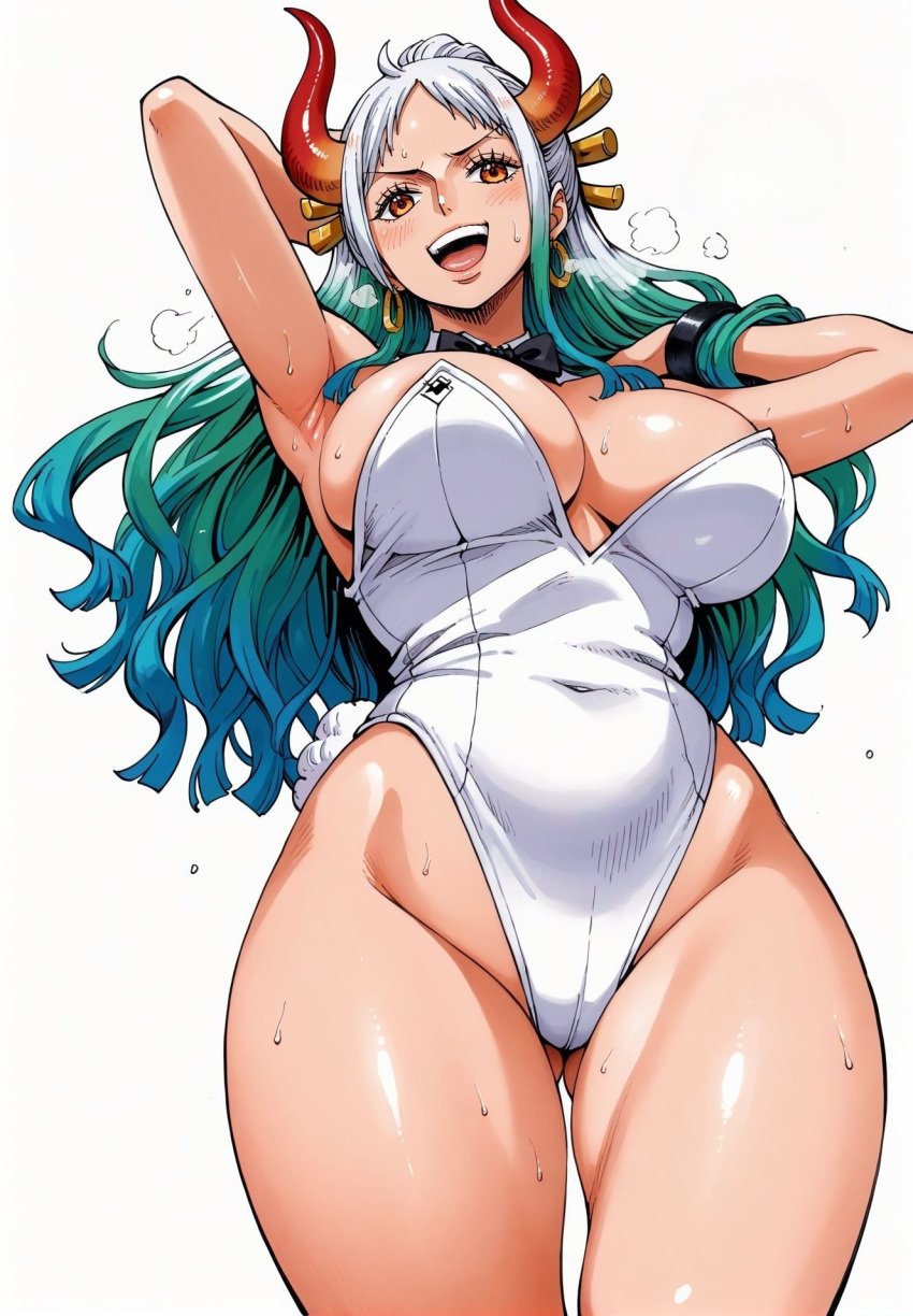 ai_generated alluring almost_naked almost_nude big_breasts big_breasts blue_hair blush blush breasts breasts bunny bunny_costume bunny_ear bunny_ears bunny_girl bunny_suit bunny_tail bunnygirl bunnysuit earring earrings green_hair hair_ornament long_hair looking_at_viewer multicolored_hair one_piece open_mouth orange_eyes seducing seduction seductive seductive_body seductive_eyes seductive_gaze seductive_look seductive_mouth seductive_pose seductive_smile shiny_hair shiny_skin steamy_breath sweat sweatdrop sweating sweaty sweaty_body voluptuous voluptuous_female white_hair yamato_(one_piece) yashin