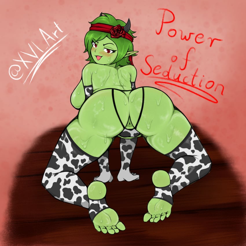 anus back_view blush brat breasts cow_horns cow_print cow_print_armwear cow_print_bikini cow_print_legwear cow_print_thighhighs english_text feet green_body green_hair green_skin headband horns moxy_silverdew nymph on_all_fours pixie pointy_ears presenting presenting_hindquarters pussy red_eyes rose rose_(flower) ruza seductive seductive_pose short_hair sideboob signature simple_background smug smug_face sweat sweatdrop sweating teasing text thick_thighs thighs tomboy unseen_male xvi