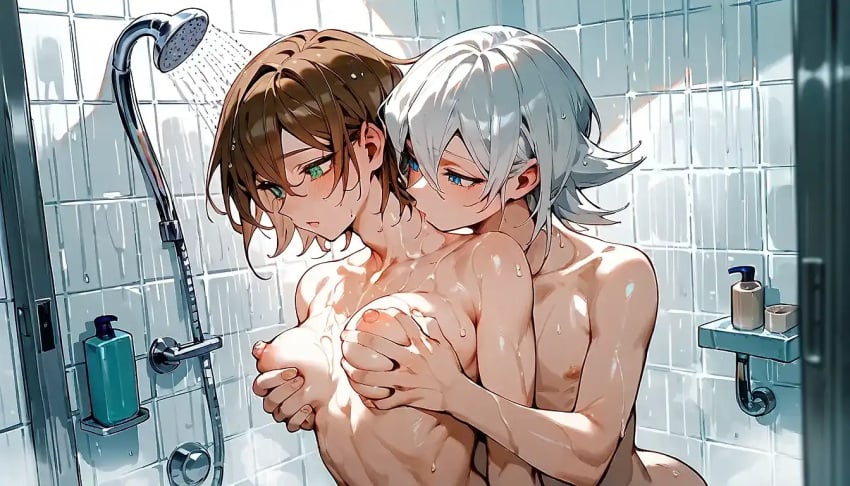 1boy1girl ai_generated blue_eyes blue_eyes_male brown_hair brunette_female femboy femboy_on_female green_eyes green_eyes_female groping_breasts groping_from_behind holding_breast intimate kiss_on_neck kissing mahamoan mila_matsumoto naked shower showering showering_together white_hair