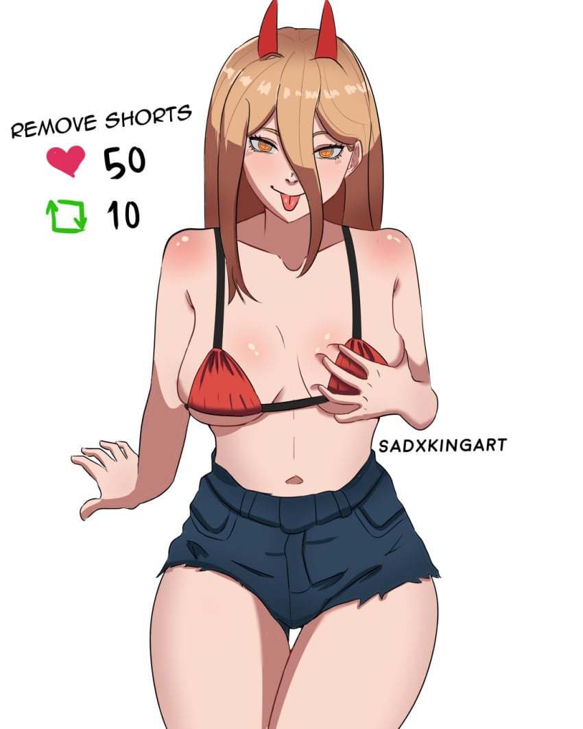 1girls belly belly_button blonde_hair chainsaw_man female grabbing_own_breast horns jean_shorts power_(chainsaw_man) red_bikini red_horns sadxkingart shorts solo thick_thighs thighs tongue tongue_out yellow_eyes