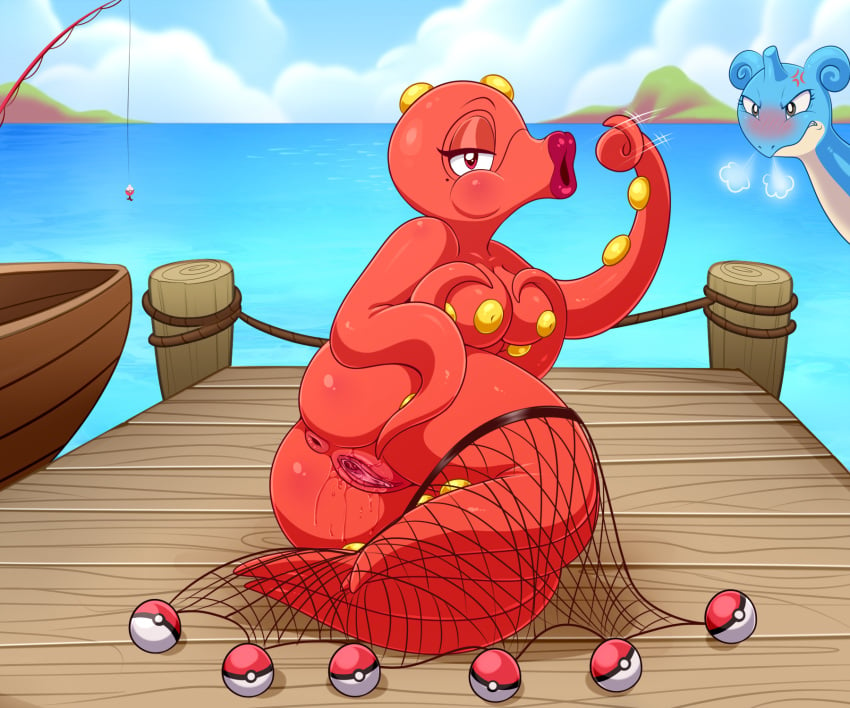 2024 2024_pokemon_gigaleak 6:5 anthro anus blush breasts cross-popping_vein duo fellatio_gesture female generation_1_pokemon generation_2_pokemon genitals gesture hi_res lapras lonbluewolf looking_at_viewer nintendo octillery pokemon pokemon_(species) pussy suggestive suggestive_gesture