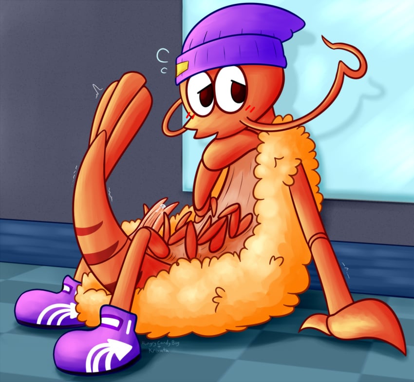 1boy 1male anatomically_correct anatomically_correct_penis animal_genitalia arthropod clothed clothing crustacean crusty_sean embarrassed hungrycandybug krixata male marine nintendo penis prawn shrimp sitting solo splatoon video_games