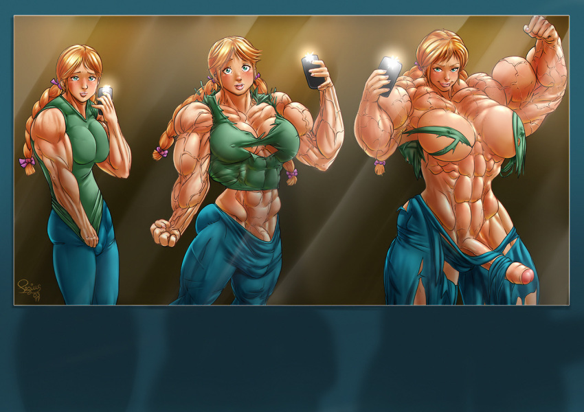 1futa abs biceps big_muscles braid breasts bulge extreme_muscles futa_only futanari green_eyes intersex muscle_growth muscles muscular muscular_futa muscular_futanari orange_hair pegius penis penis_growth selfie solo torn_clothes veins