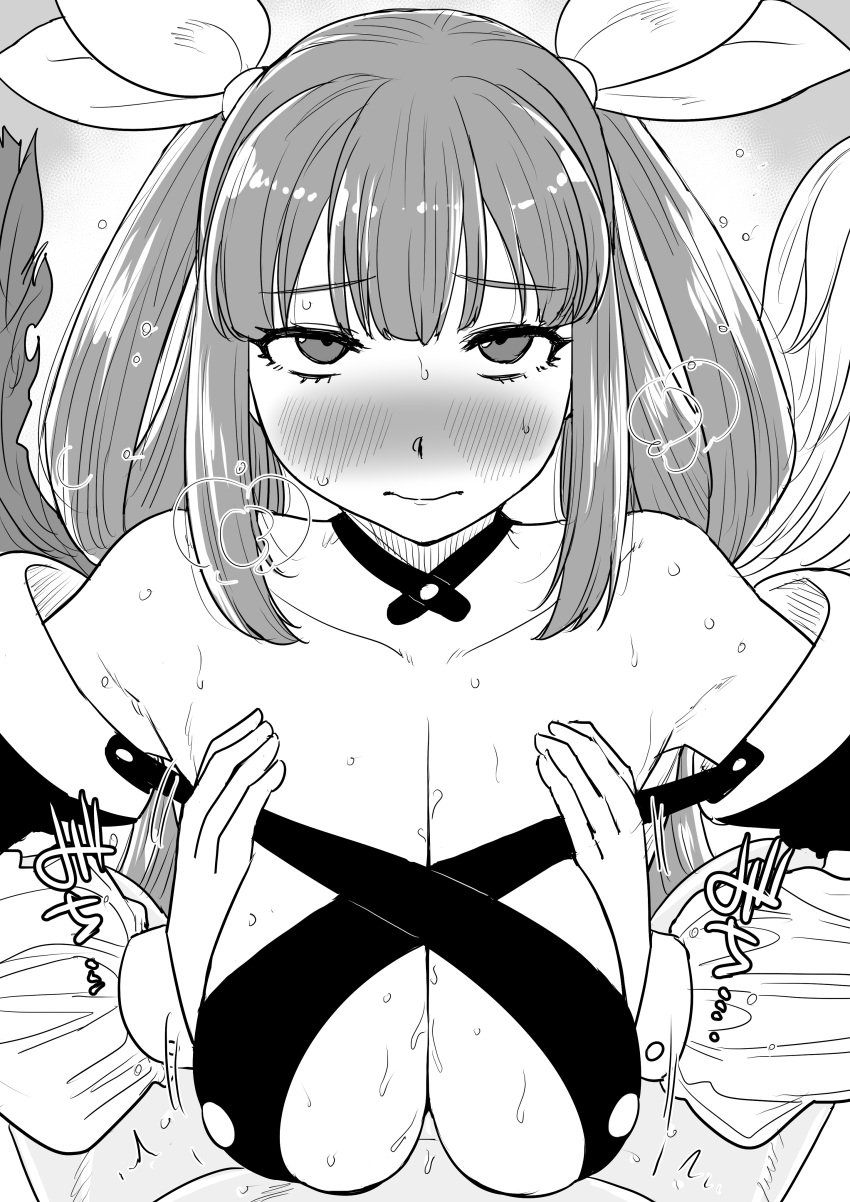 1boy 1girls alternate_breast_size big_breasts blush breast_hold breasts dizzy_(guilty_gear) embarrassed engulfing_paizuri female guilty_gear japanese_text kaiman_garupan large_breasts looking_at_viewer male monochrome paizuri paizuri_lead_by_female paizuri_on_lap penis pov pov_eye_contact pov_paizuri straight sweat text