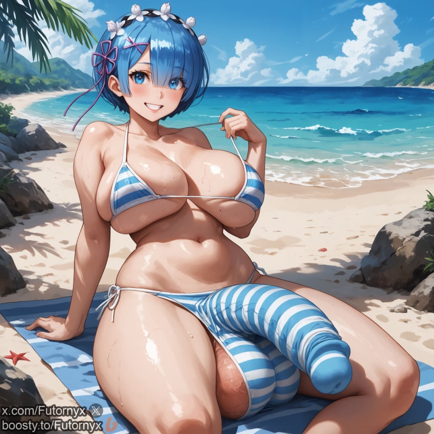 1futa ai_generated anime_style balls ballsack bikini blue_eyes blue_hair blush boosty boosty_username bulge colored_hair day dickgirl futanari futornyx grin huge_balls huge_breasts huge_cock huge_cock large_breasts large_testicles outdoors outside re:zero_kara_hajimeru_isekai_seikatsu rem_(re:zero) shemale short_hair solo sweat tagme testicles thick_thighs twitter_username veiny_penis wide_hips