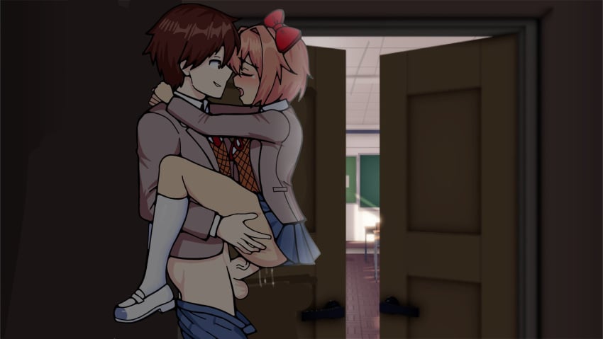 1boy 1girls 2024 arms_around_neck ass blazer brown_eyes brown_hair carrying classroom closed_eyes closet clothed_sex collared_shirt coral_pink_hair doki_doki_literature_club from_side hair_intakes hairbow highres kneehighs leg_lock long_sleeves looking_at_another mary_janes mc_(doki_doki_literature_club!) neck_ribbon necktie nose_blush open_blazer open_mouth pants pants_down penis pleasure_face pleated_skirt profile public public_nudity public_sex pussy_juice sayori_(doki_doki_literature_club) school_uniform sex short_hair short_skirt skirt smile smirk socks somnipheromone stand_and_carry_position standing_sex straight sweater_vest testicles thighhighs uncensored upright_straddle vaginal_penetration veiny_penis white_footwear white_kneehighs