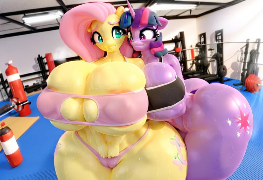 2girls ai_generated fluttershy_(mlp) gym hasbro huge_breasts my_little_pony twilight_sparkle_(mlp)