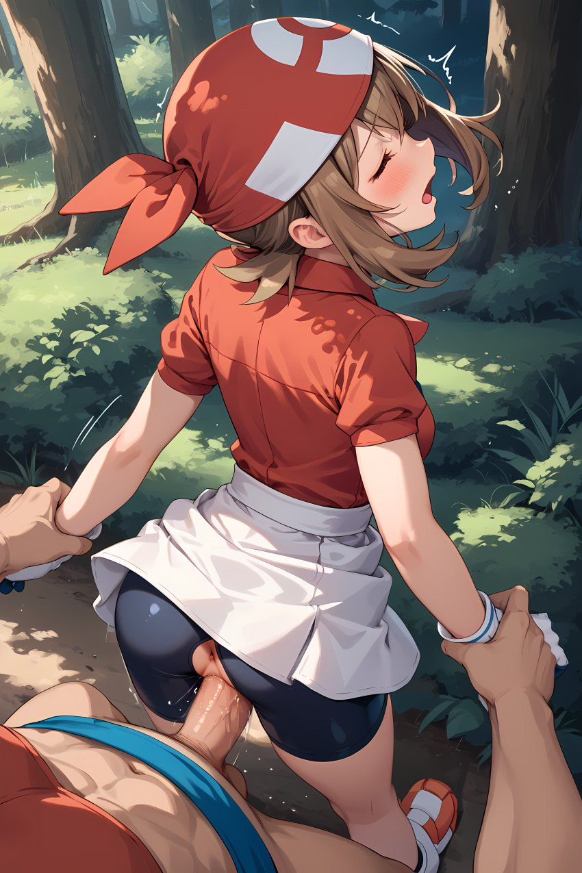 1boy 1girls ai_generated arm_grab arms_behind_back bandana blush brown_hair closed_eyes cutout ecchidreams embarrassed gloves gray_eyes hi_res looking_up may_(pokemon) medium_breasts medium_hair open_mouth penis pleasure_face pleasured pokemon pokemon_rse pussy pussy_juice ripped_clothing ripped_shorts sex sex_from_behind shaking shirt short_sleeves shorts skirt stable_diffusion straight straight trembling vaginal_penetration vaginal_sex