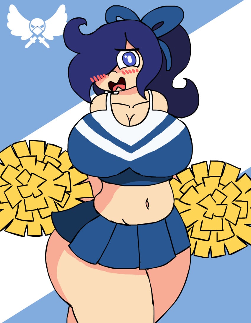 big_breasts blue_eyes blush blushing_female cheerleader cheerleader_outfit cheerleader_uniform embarrassed female female_only miniskirt original_character palms ponytail shadowjanetnsfw short_skirt swirl_dragonheart thick_thighs