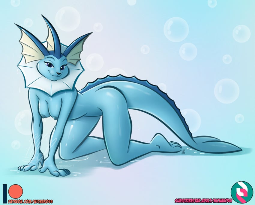 2023 5_fingers all_fours anthro anthrofied artist_name blue_body blue_nipples blue_skin breasts bubble claws digital_drawing_(artwork) digital_media_(artwork) dorsal_fin dripping ear_fins eeveelution eyebrows feet female fin finger_claws fingers flukes frill_(anatomy) front_view generation_1_pokemon grey_nose hairless handpaw head_fin humanoid_feet long_tail looking_at_viewer narrowed_eyes neck_frill nicnak044 nintendo nipples nude patreon patreon_logo paws pinup plantigrade pokemon pokemon_(species) pokemorph pose purple_eyes raised_eyebrows signature simple_background smile smiling_at_viewer solo subscribestar subscribestar_logo tail tail_fin text three-quarter_view url vaporeon watermark wet