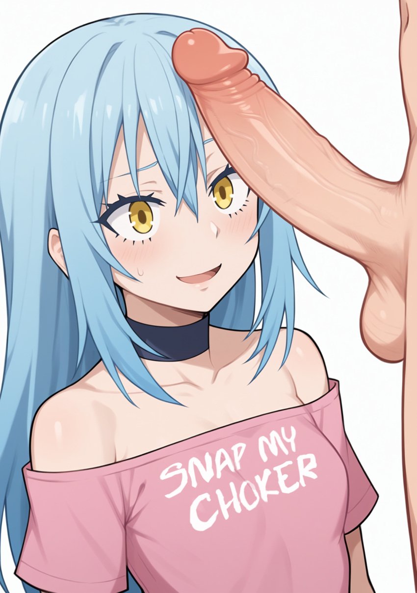 ai_generated bare_shoulders choker genderswap_(mtf) large_penis light_blue_hair penis pink_shirt rimuru_tempest small_breasts smug snap_my_choker tensei_shitara_slime_datta_ken testicles worried yellow_eyes