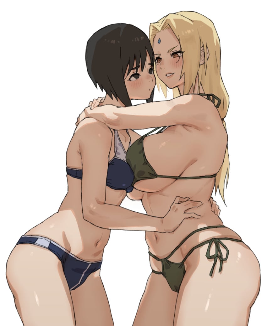 2girls age_difference asymmetrical_docking bikini black_hair blonde_hair blue_bikini breast_press breasts cameltoe facial_mark forehead_mark green_bikini highres hug large_breasts m_k medium_breasts multiple_girls naruto naruto_(series) naruto_shippuden navel shizune smile stomach swimsuit teacher_and_student tsunade yuri