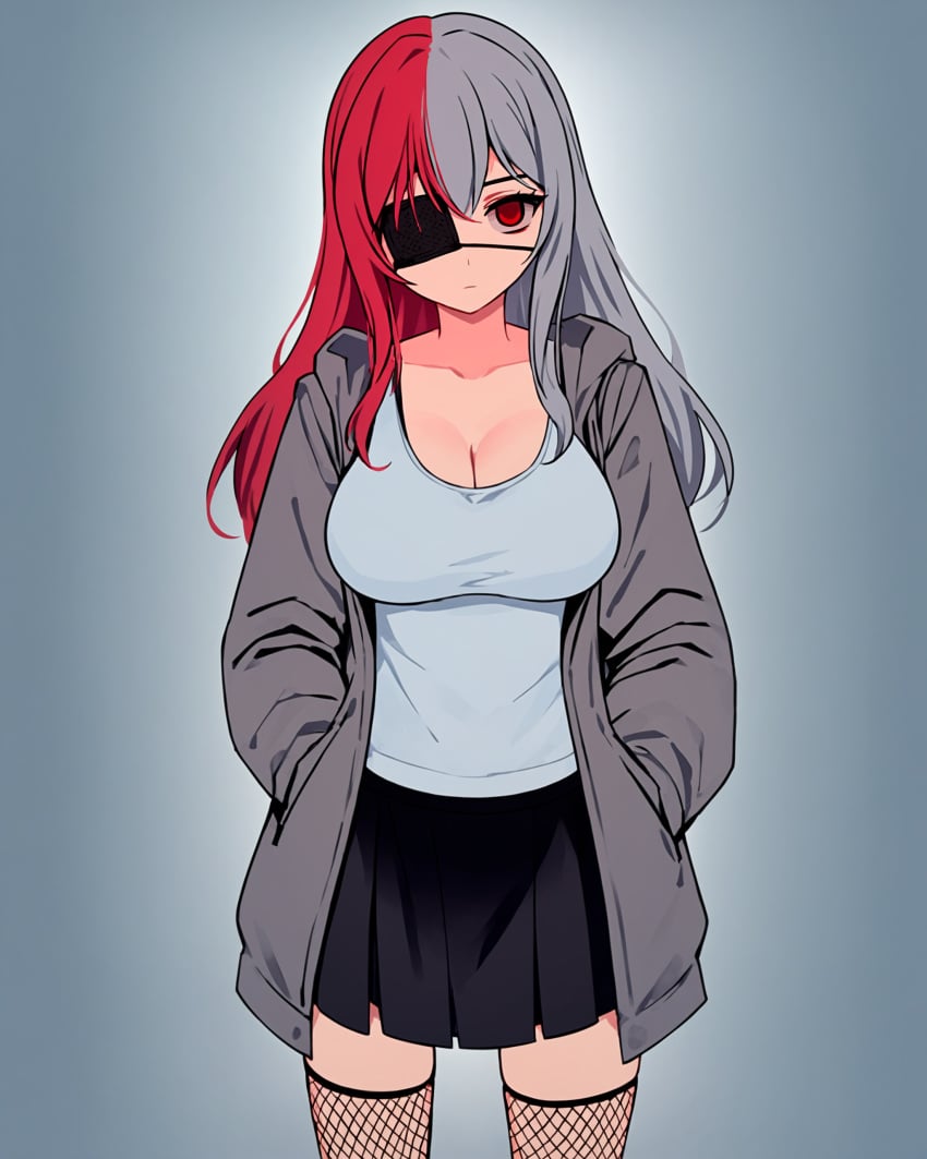 ai_generated black_eyepatch cleavage emily_(osmondai) eyepatch fishnets gray_hair gray_hoodie hands_in_pockets highres hoodie large_breasts looking_at_viewer medical_eyepatch oc_(osmondai) original original_character osmondai pleated_skirt red_eyes red_hair skirt split-color_hair stable_diffusion tank_top two-tone_hair white_hair