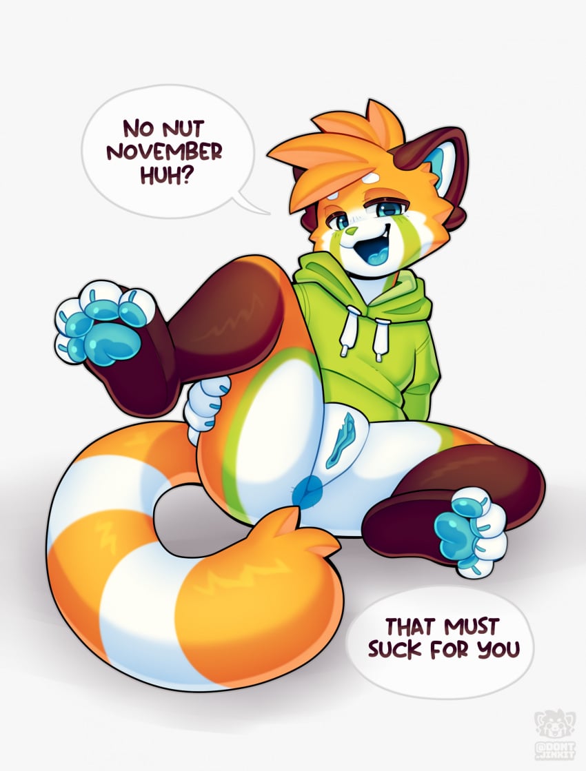 2024 4_toes ailurid anthro anus barefoot bottomless bottomless_anthro bottomless_female claws clothed clothing dialogue digital_drawing_(artwork) digital_media_(artwork) english_text feet female female_anthro fur genitals hair hi_res hoodie hoodie_only jinxit looking_at_viewer mammal meme multicolored_body multicolored_fur no_nut_november pawpads paws pocky_(jinxit) presenting presenting_anus presenting_pussy pussy red_panda smug smug_face solo speech_bubble spread_legs spreading tail talking_to_viewer text toe_claws toes topwear topwear_only