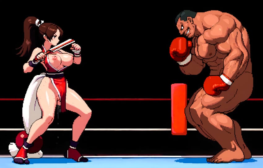 1boy ai_generated balrog boxing boxing_gloves boxing_ring dark-skinned_male dark_skin fatal_fury female king_of_fighters lesson mai_shiranui nsfwbisonmai pixel_art ring street_fighter