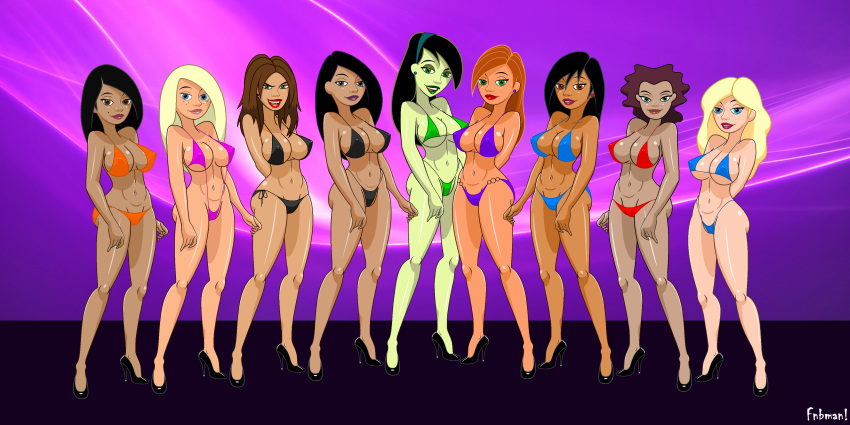 6+girls 9girls aged_up alternate_version_available arms_behind_back artist_name asian bare_shoulders beauty_mark big_breasts bikini bikini_bottom bikini_top bimbo black_hair blonde_hair blue_eyes bonnie_rockwaller brown_eyes brown_hair brown_skin busty cleavage crystal_(kim_possible) curly_hair curvy dark-skinned_female dark_skin detailed_background disney disney_channel ear_piercing earrings erect_nipple erect_nipples eyeliner eyeshadow female female_only fnbman freckles front_view g-string green_eyes green_lipstick green_skin grey_eyes group hair_ornament hairband hand_behind_back hands_behind_back high_heels hope_(kim_possible) hourglass_figure human jessica_(kim_possible) kim_possible kimberly_ann_possible large_breasts lineup lipstick long_hair looking_at_viewer makeup marcella_(kim_possible) micro_bikini midriff miss_go mole multiple_females multiple_girls nipple_bulge older open_mouth orange_hair piercing pink_lipstick pose posing purple_lips purple_lipstick red_lipstick shego shiny shiny_skin short_hair skimpy sling_bikini standing string_bikini swimsuit tara_(kim_possible) teenage text thong underboob voluptuous wide_hips zita_flores