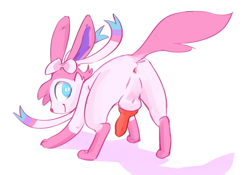 animal_genitalia animal_penis anus backsack balls blue_eyes canine_penis dosent eeveelution erection fur knot looking_back male male_only nintendo penis pink_fur pokemon simple_background solo sylveon video_games