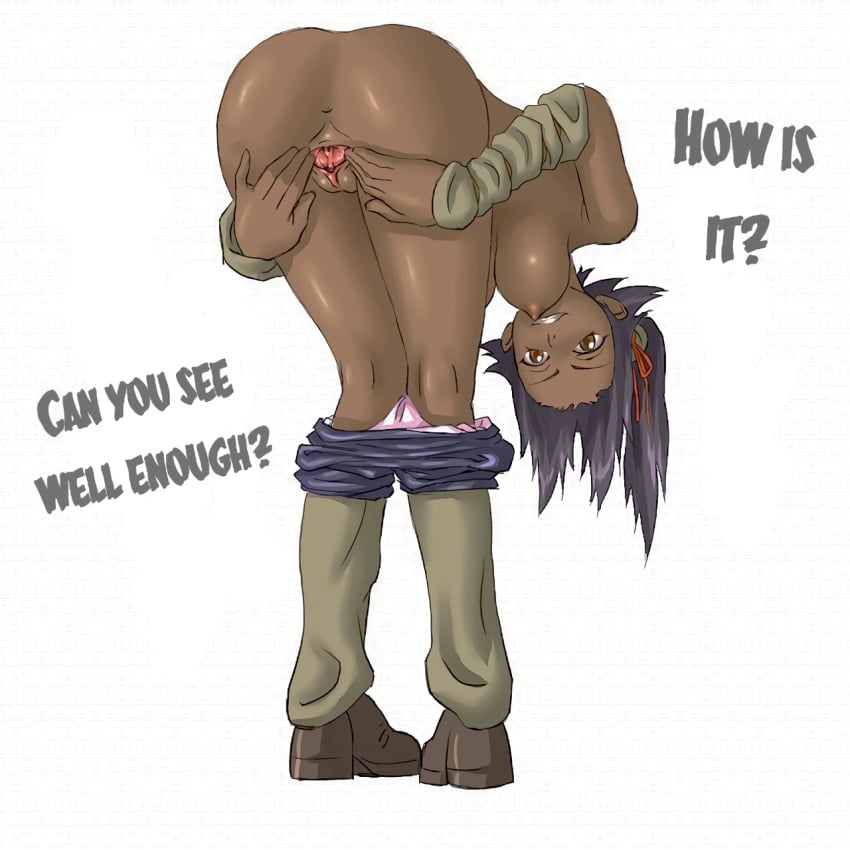 1:1 anus ass bent_over bleach breasts brown_eyes clitoris dark-skinned_female dark_skin english female grin hair_ornament hair_ribbon hard_translated large_breasts looking_back mosha nipples no_bra panties_down pants_down pantsu panty_pull pink_panties pink_underwear plump_labia ponytail presenting presenting_hindquarters presenting_self presenting_vagina purple_hair ribbon shihouin_yoruichi shoes short_hair simple_background smile solo spread_vagina thighs tied_hair topless translated uncensored underwear urethra vagina